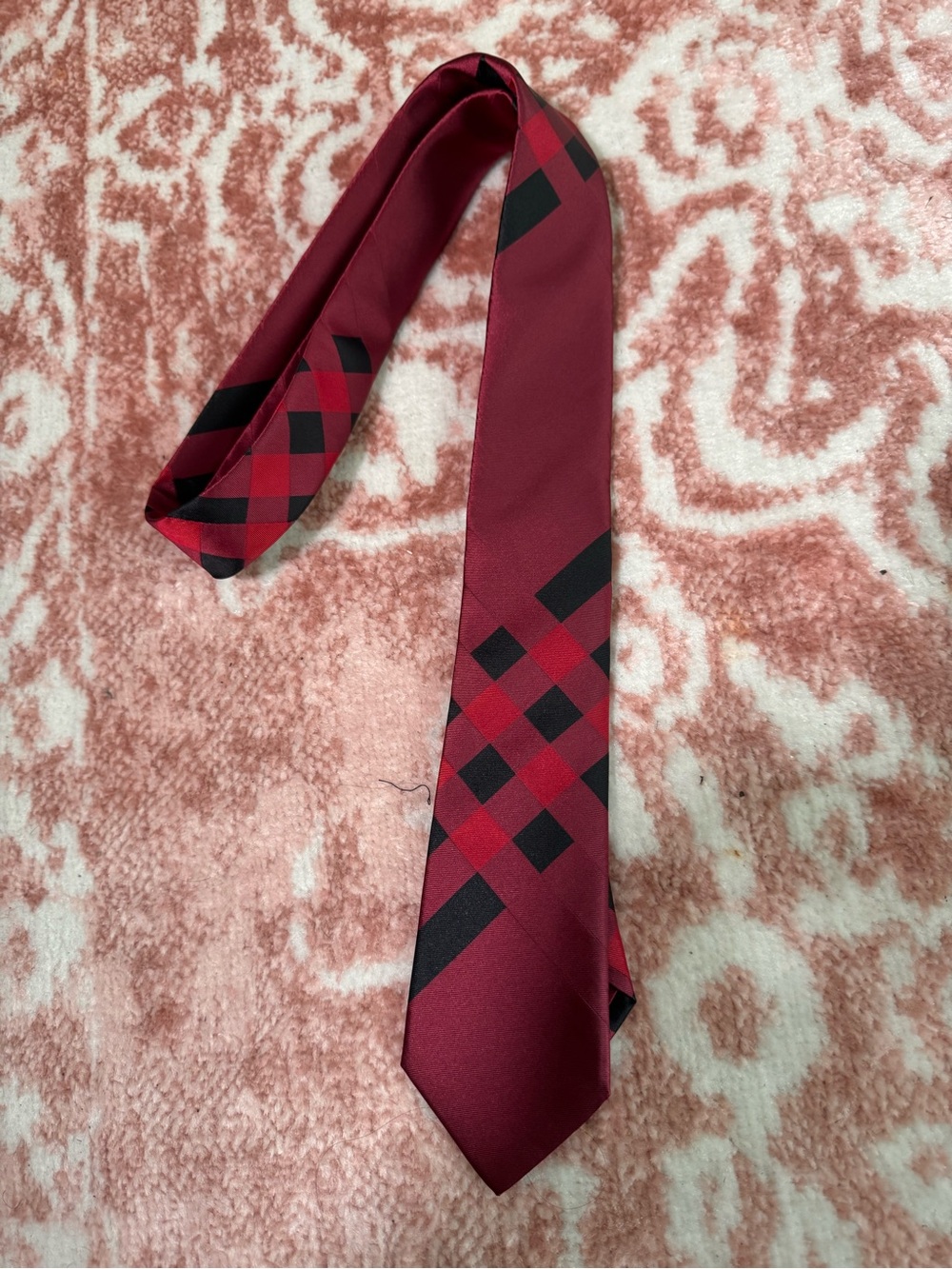 Burberry Red and Black Plaid Silk-Effect Tie
